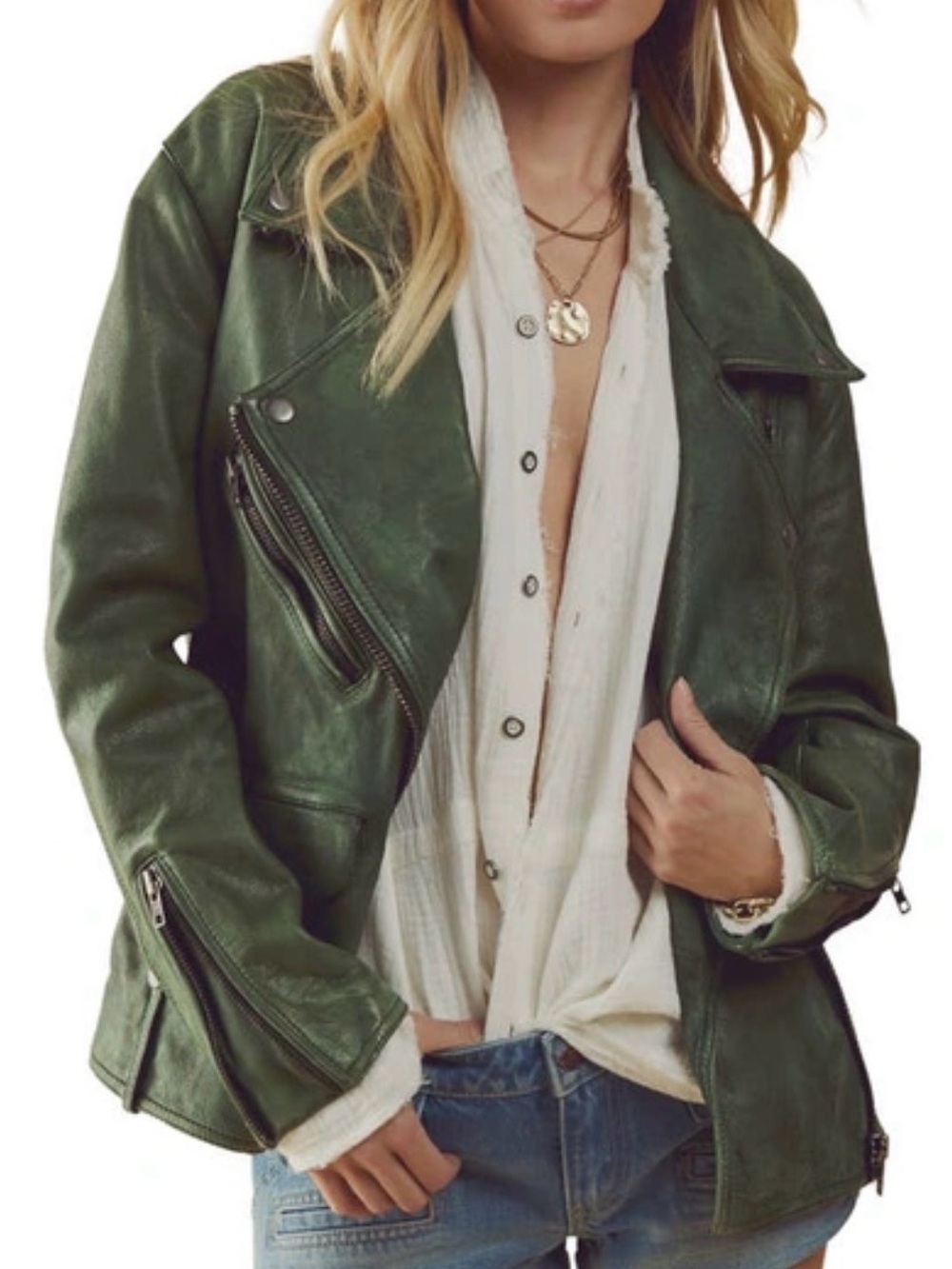 Free People M Kelly Green 100% Leather Jacket